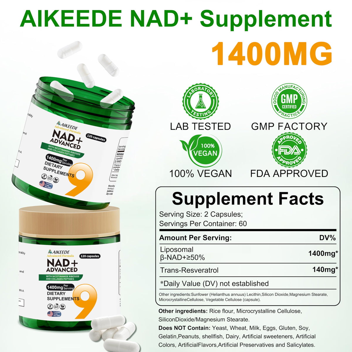 AIKEEDE Compléments Alimentaires NAD+ Liposomal 1400mg étiquette