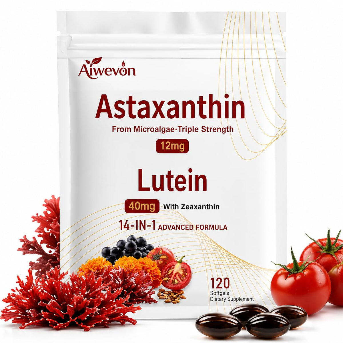 Aiwevon Astaxanthine 12mg Luthéine 40mg gélules vue de face