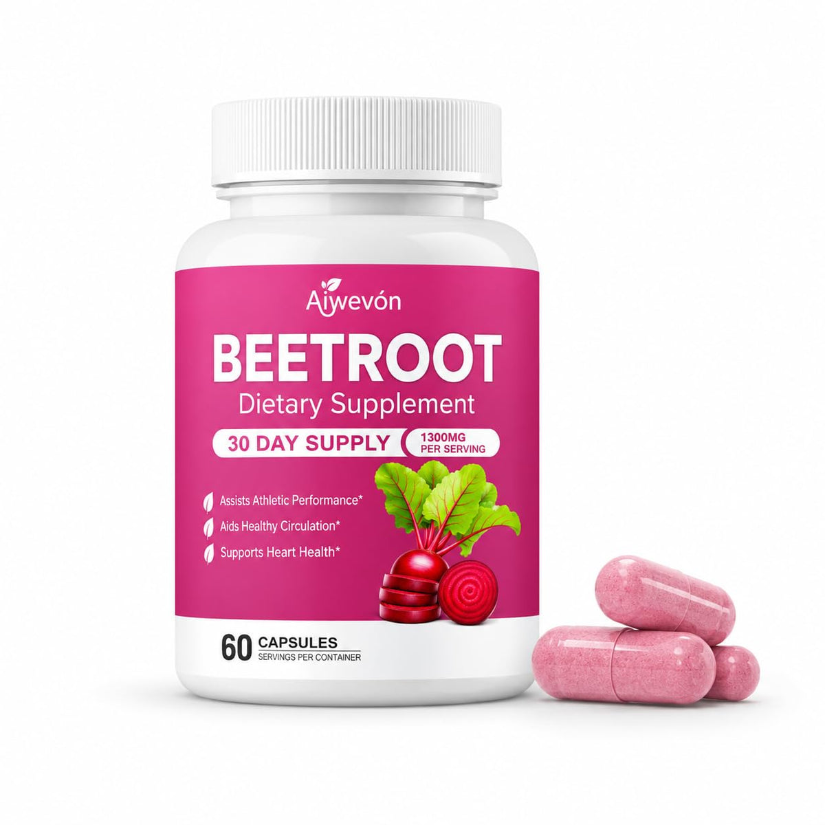 Aiwevon Capsules de Betterave Bio 1300mg, vue de face
