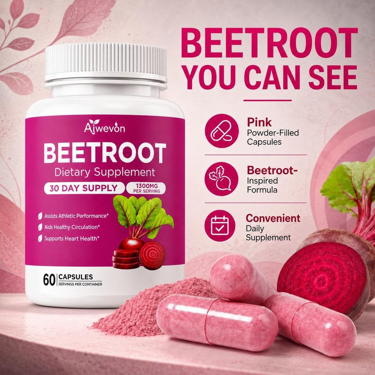 Aiwevon Capsules de Betterave Bio, mise en scène sur un fond neutre
