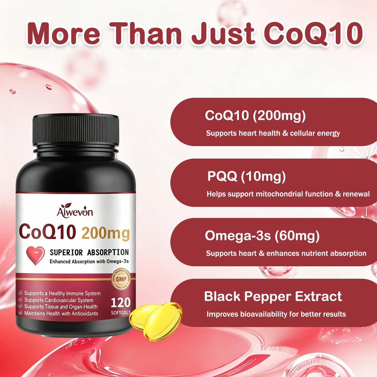 Aiwevon CoQ10 200mg gélules avec étiquette de dosage
