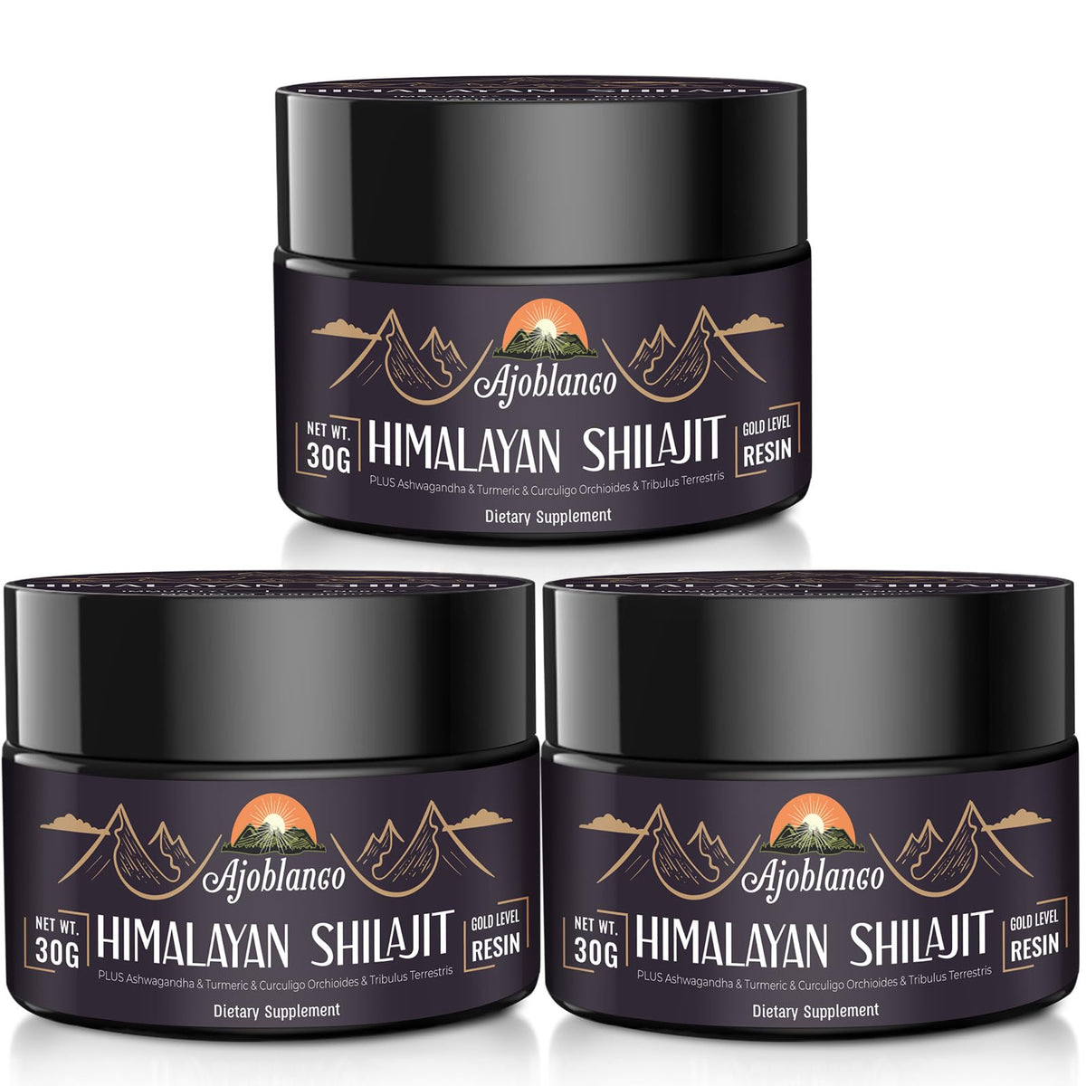 Ajoblanco Résine de Shilajit Himalayen 600mg devant un fond naturel