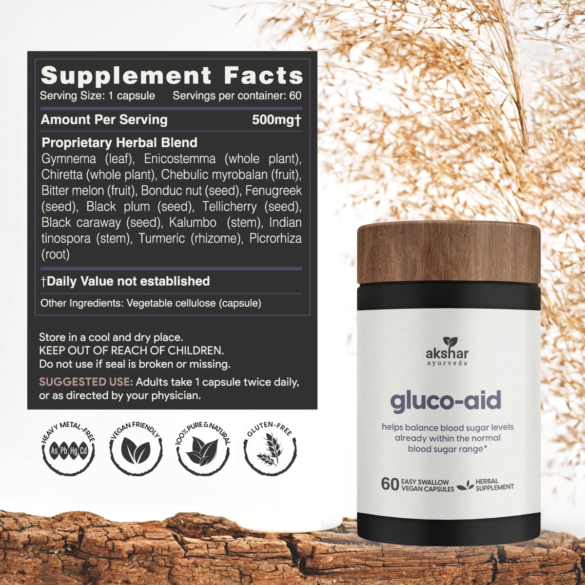 AKSHAR Gluco Support 60 Capsules à côté d'un verre d'eau
