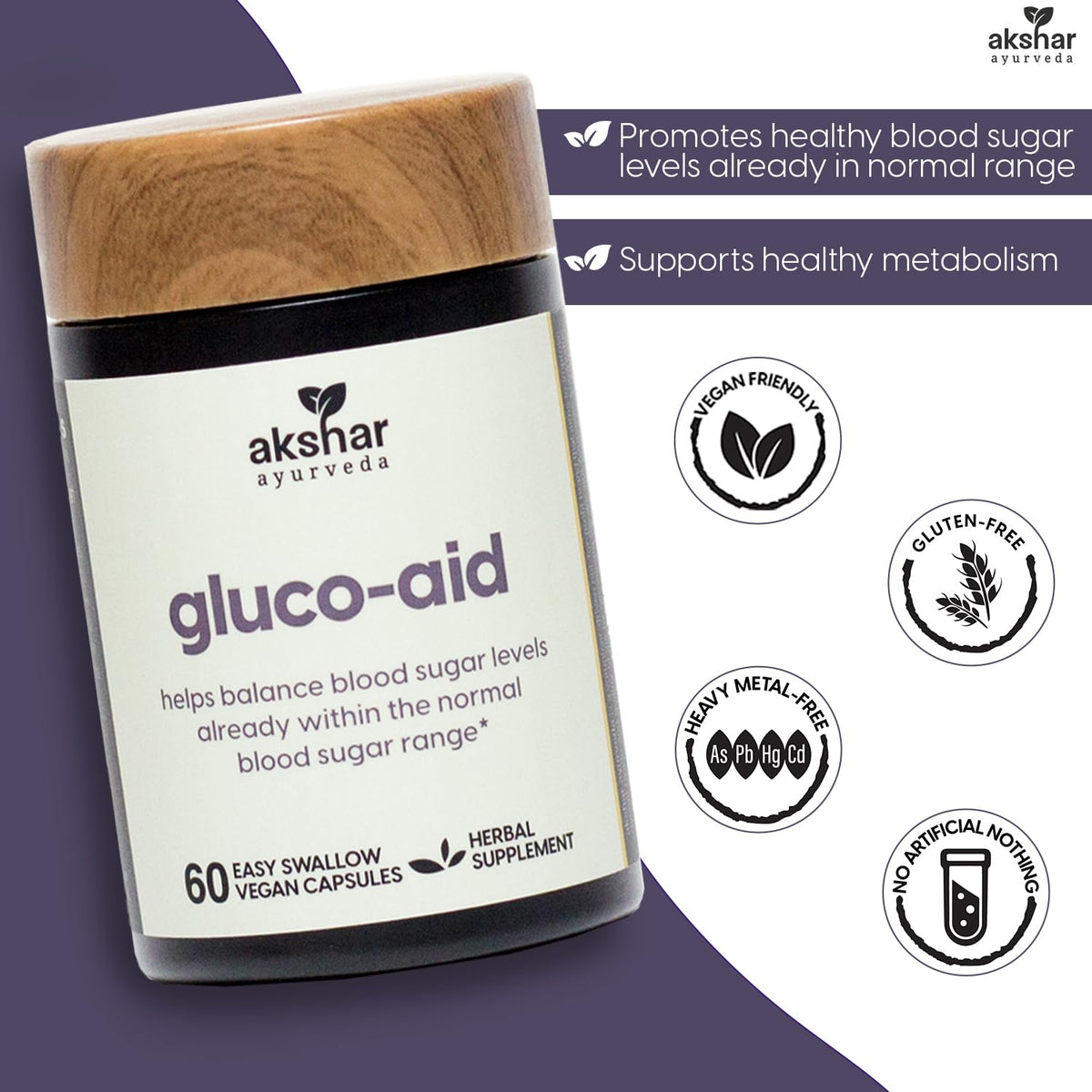 AKSHAR Gluco Support 60 Capsules vue arrière avec ingrédients