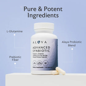 Alaya Naturals Advanced Synbiotic capsules sur fond blanc