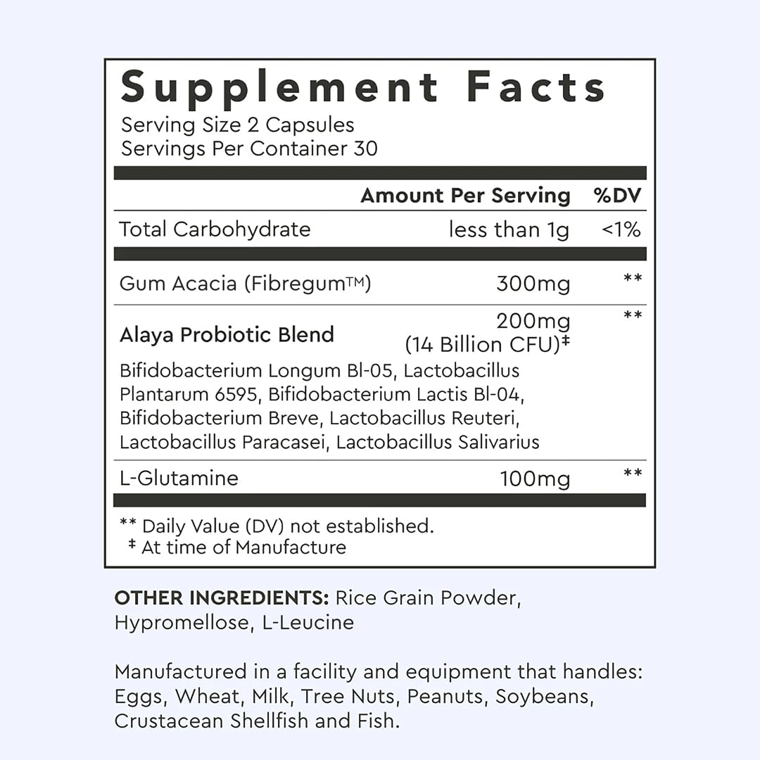 Alaya Naturals Advanced Synbiotic ingrédients détaillés