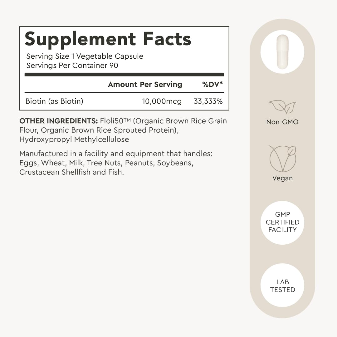 Alaya Naturals Biotine 10 000 mcg avec ingrédients sur fond nature