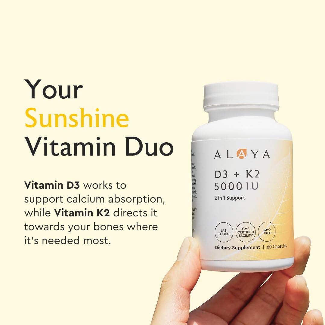 Alaya Naturals D3 K2 5000 IU capsules ouvertes montrant la taille