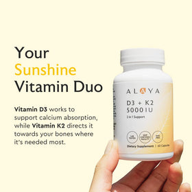 Alaya Naturals D3 K2 5000 IU capsules ouvertes montrant la taille