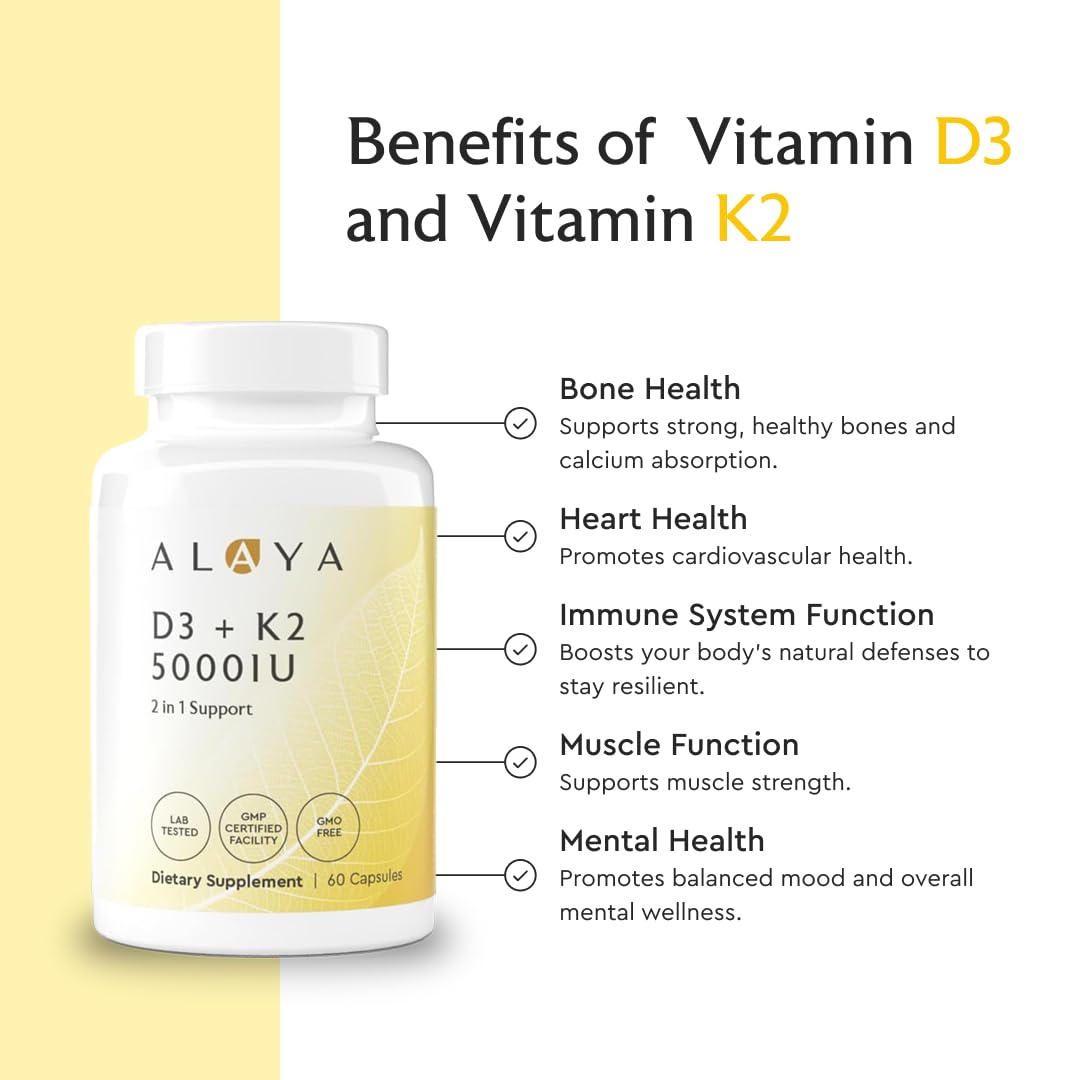 Alaya Naturals D3 K2 5000 IU capsules sur une table