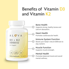 Alaya Naturals D3 K2 5000 IU capsules sur une table
