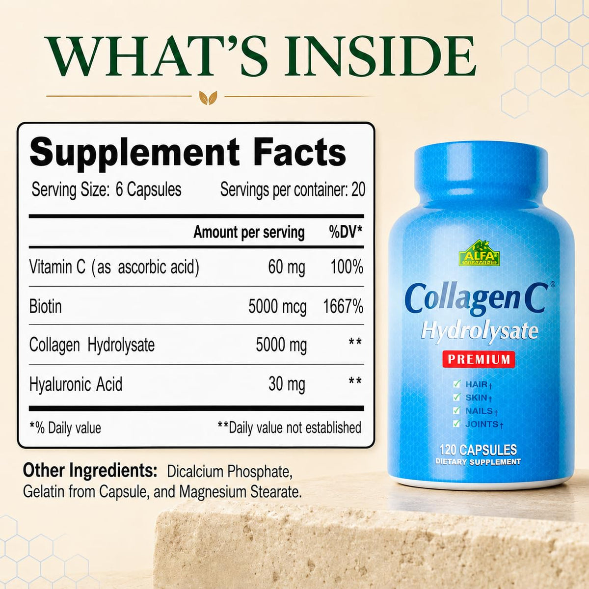 ALFA VITAMINS CollagenC sur une table avec des ingrédients