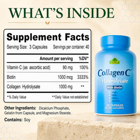 ALFA VITAMINS Collagène Hydrolysé 120 Capsules, étiquette détaillée
