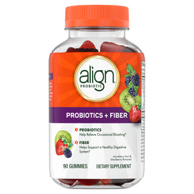 Align Probiotiques + Fibres Gummies, bouteille ouverte avec gummies visibles