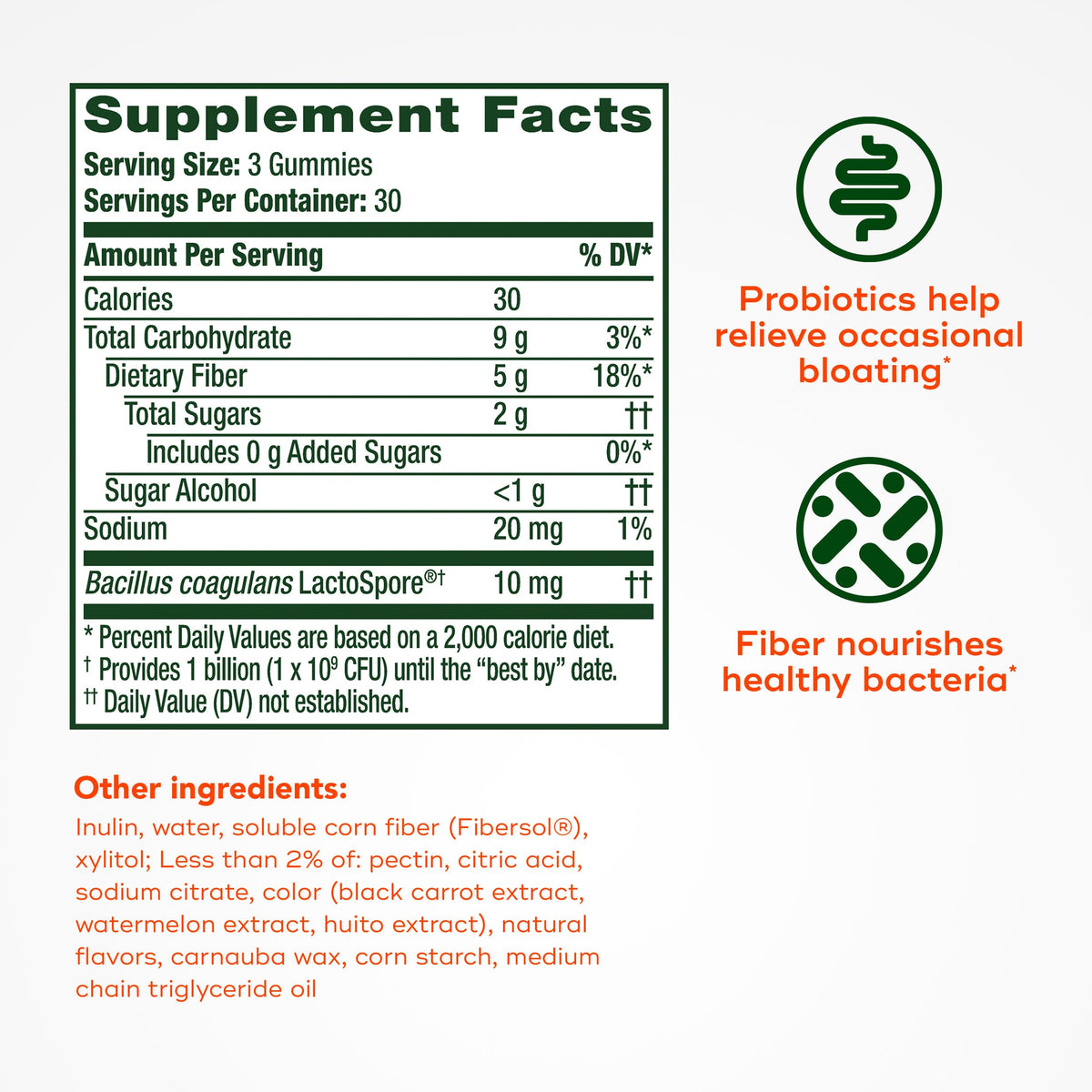 Align Probiotiques + Fibres Gummies, étiquette avec ingrédients