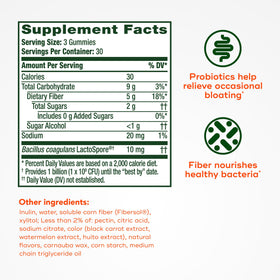 Align Probiotiques + Fibres Gummies, étiquette avec ingrédients