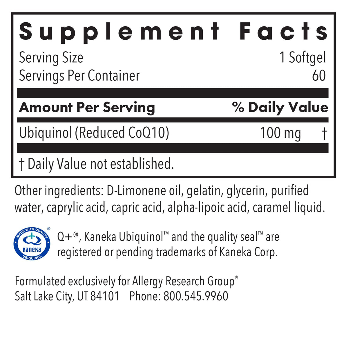 Allergy Research Group CoQ10 Ubiquinol 100 mg capsules végétariennes arrière