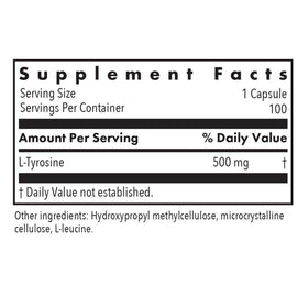 Allergy Research Group L-Tyrosine 500 mg 100 Capsules, étiquette détaillée