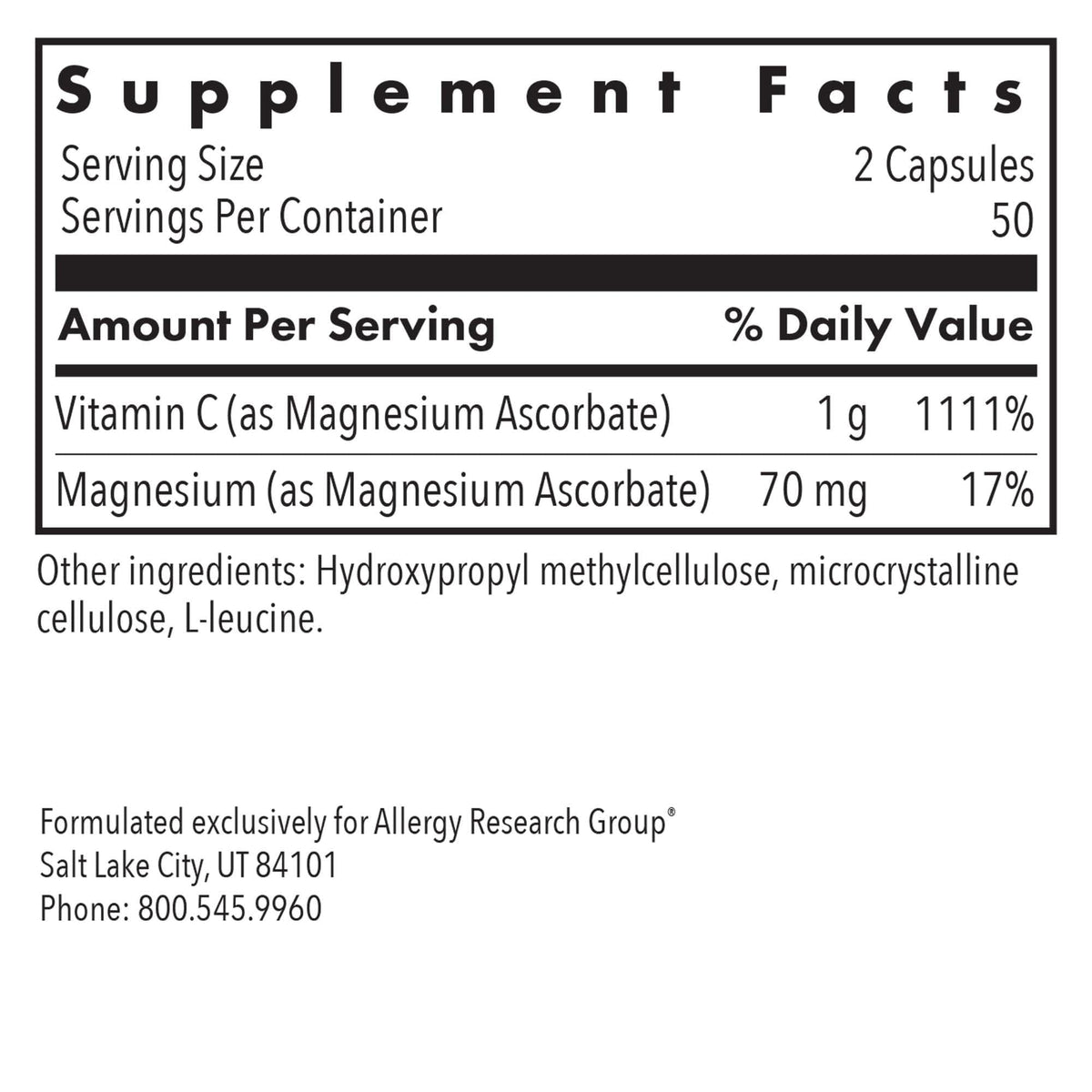 Allergy Research Group Magnesium Ascorbate 1000 mg capsules side view