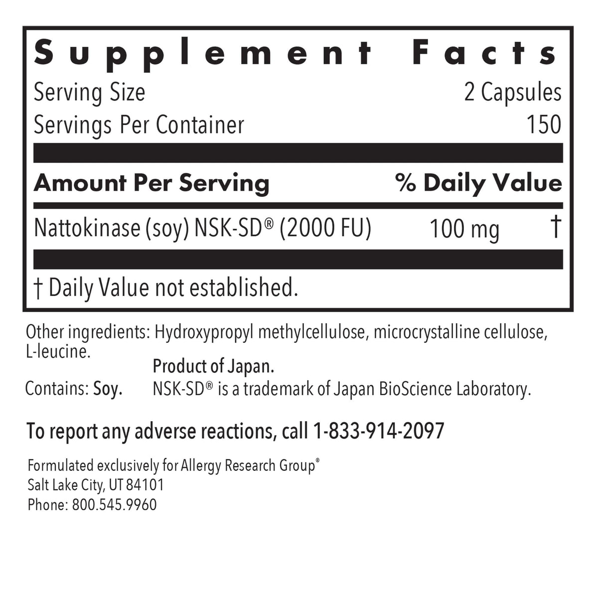 Allergy Research Group Nattokinase 50 mg, étiquette détaillée
