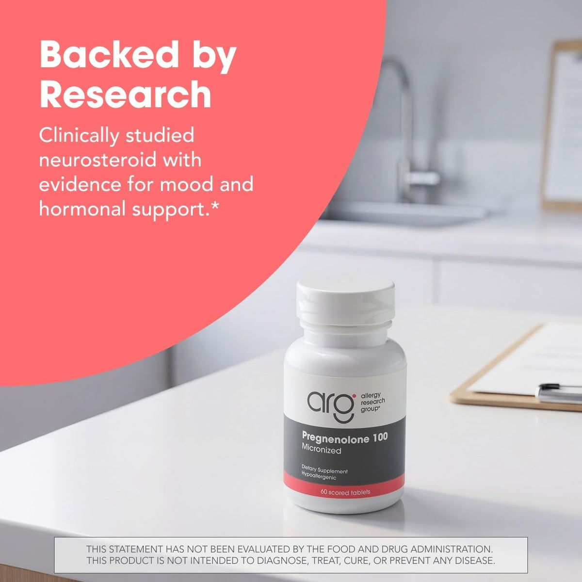 Allergy Research Group Pregnenolone 100 mg comprimés, gros plan sur les comprimés