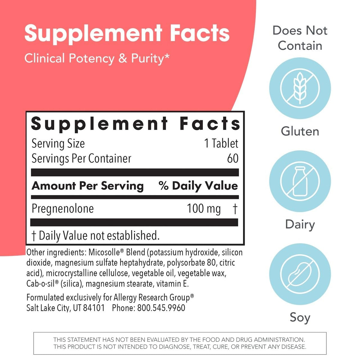 Allergy Research Group Pregnenolone 100 mg comprimés, vue arrière de l'emballage