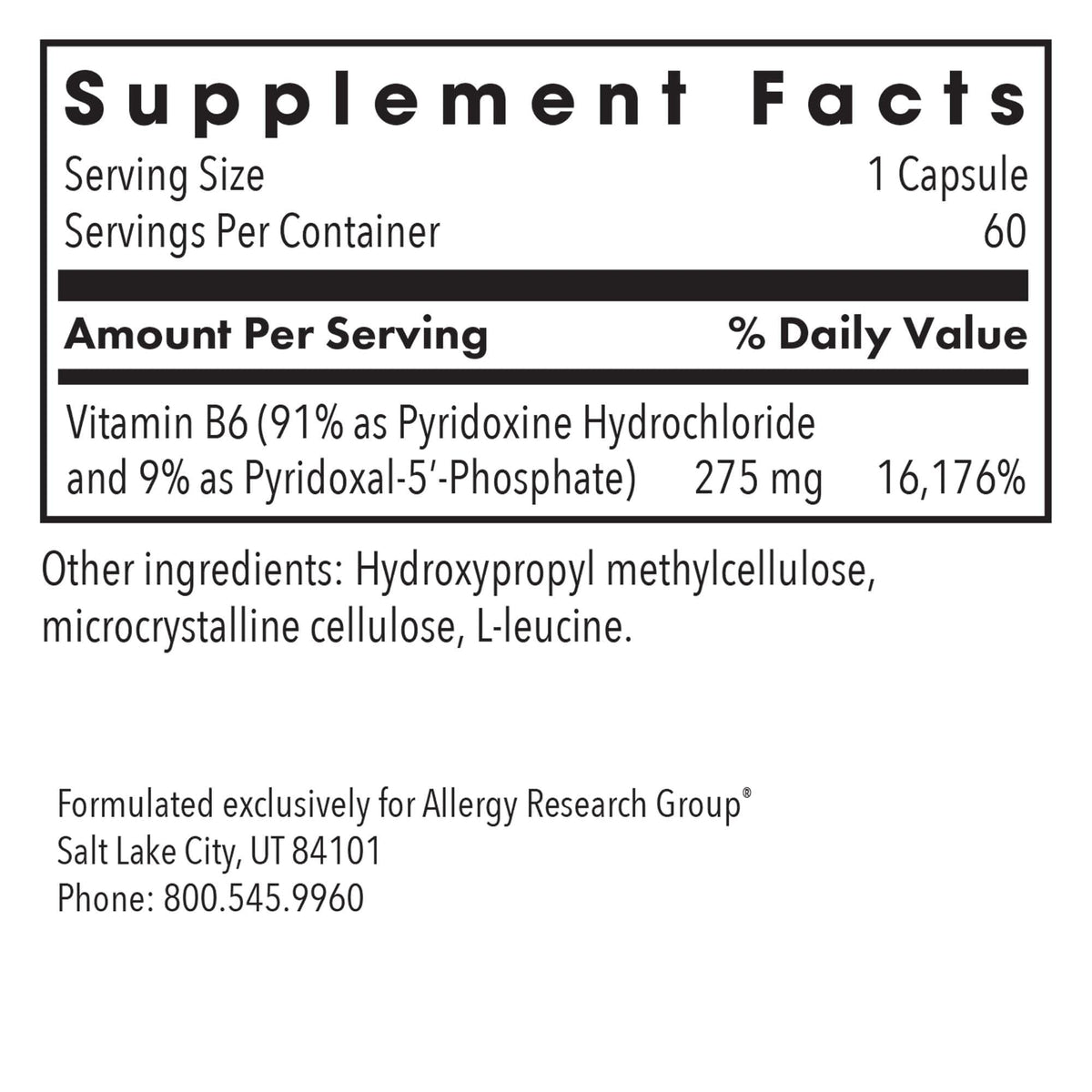 Allergy Research Group Pyridoxine P5P 60 Capsules arrière de l'emballage