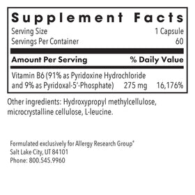 Allergy Research Group Pyridoxine P5P 60 Capsules arrière de l'emballage