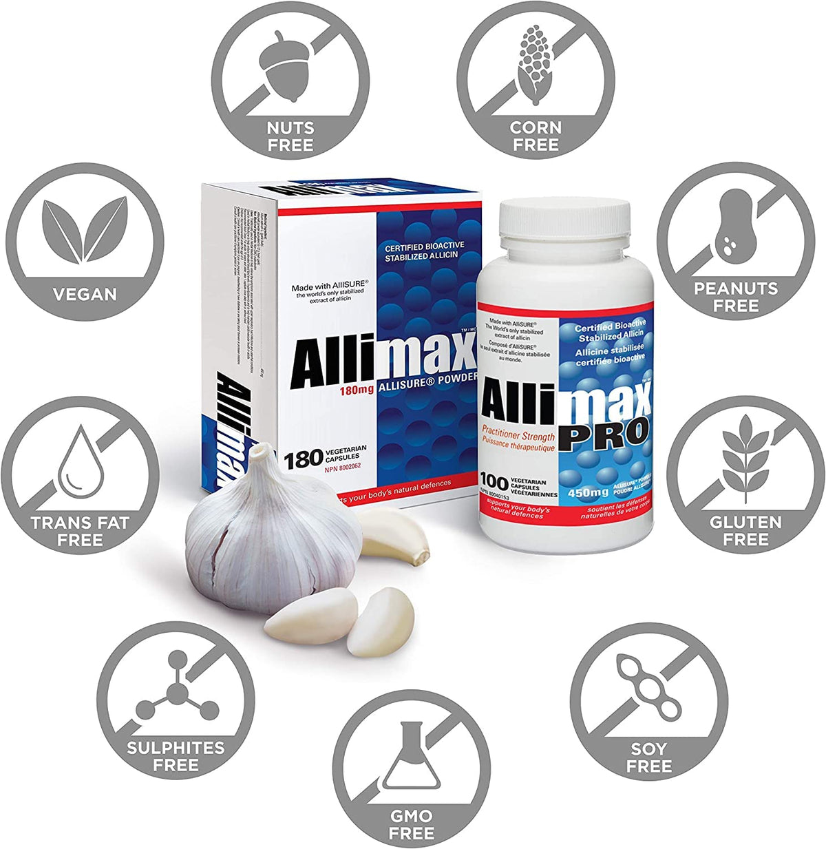 ALLIMAX 180mg capsules avec une main tenant le flacon