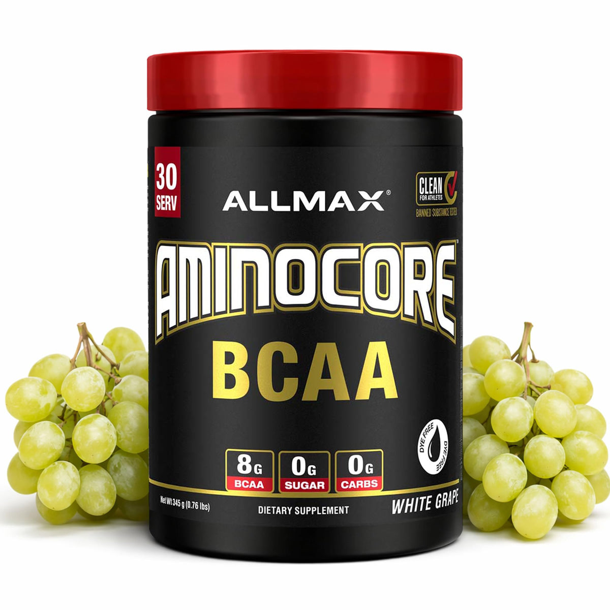 ALLMAX Aminocore BCAA poudre au raisin blanc vue avant avec étiquette
