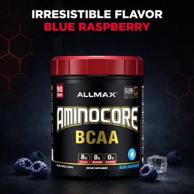 ALLMAX Aminocore BCAA Poudre Framboise Bleue 1035 g côté gauche