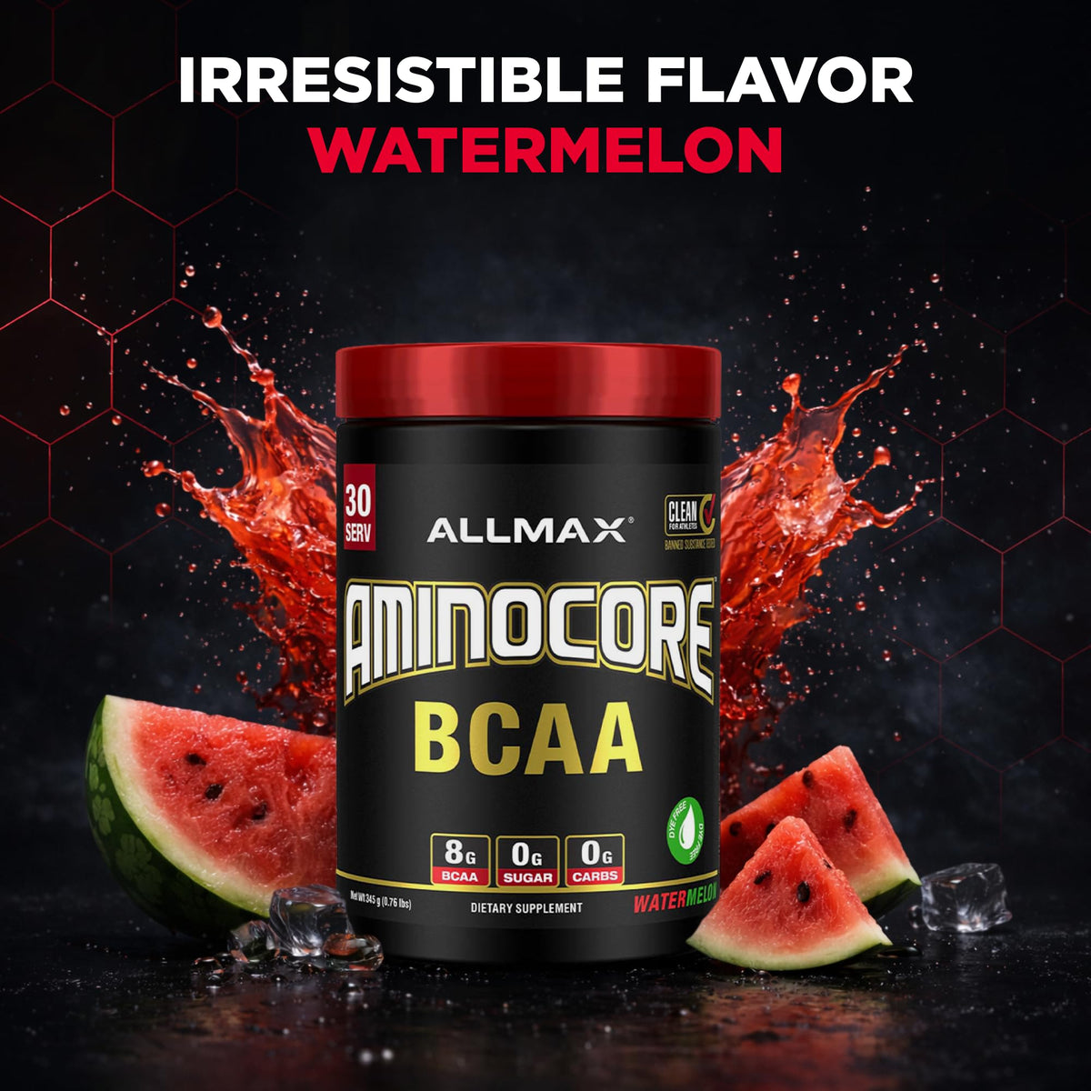 ALLMAX Aminocore BCAA Poudre Pastèque 390g en verre avec eau