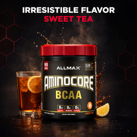 ALLMAX Aminocore BCAA Poudre Thé Sucré avec ingrédients mis en avant