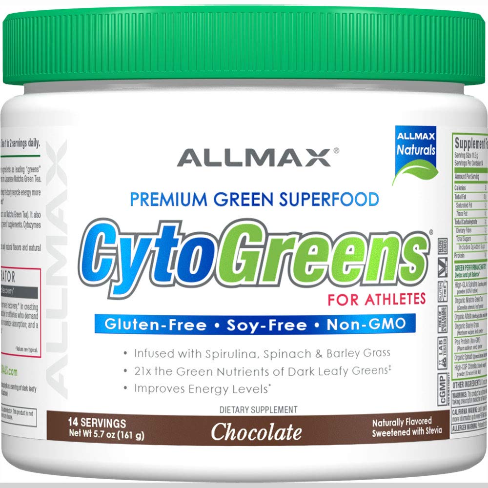 ALLMAX CytoGreens poudre de super-aliments chocolat vue avant avec étiquette