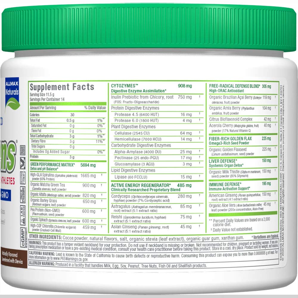 ALLMAX CytoGreens poudre de super-aliments chocolat vue de côté avec ingrédients visibles