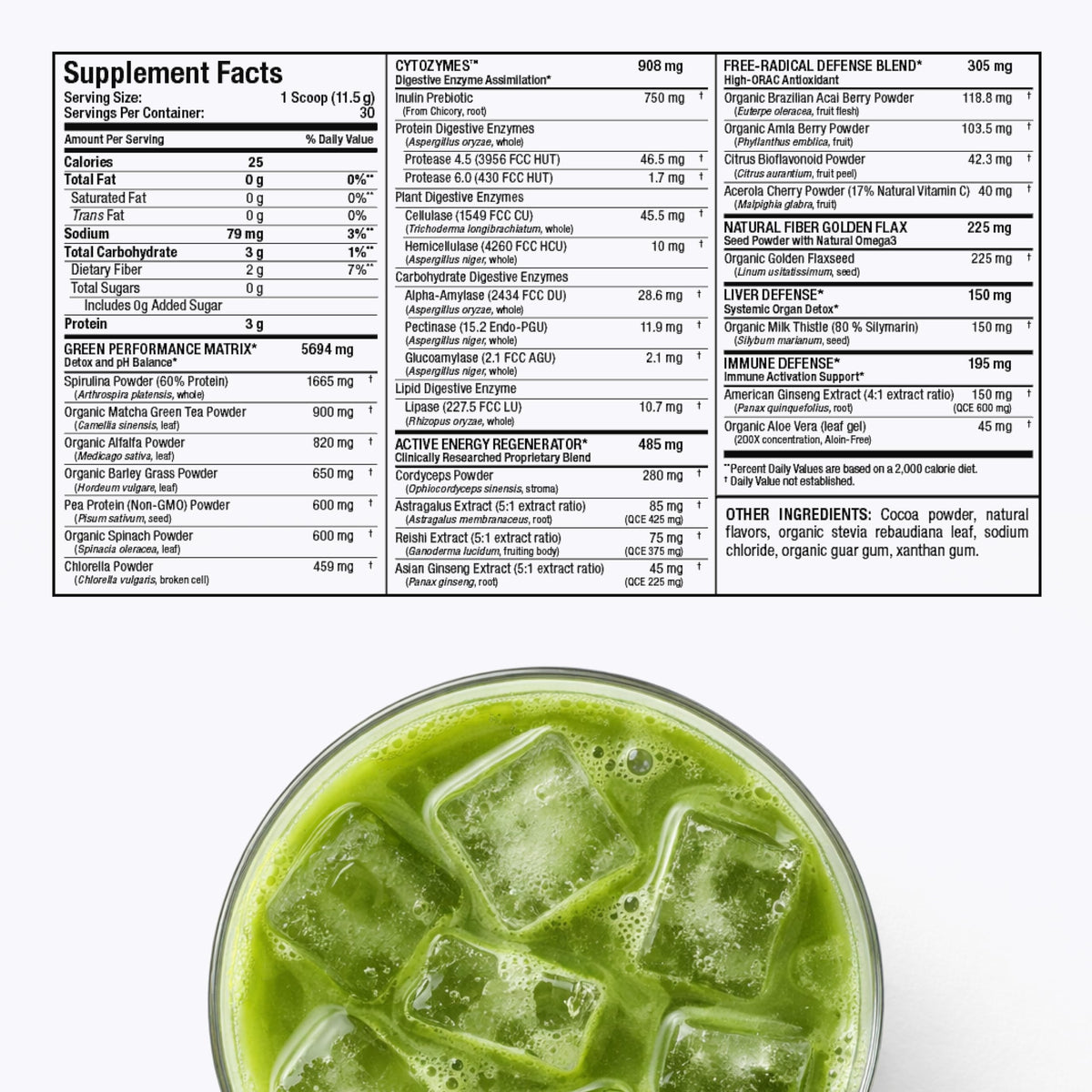 ALLMAX CytoGreens Poudre de Super Greens Chocolat 490g sur une table avec ustensiles de mélange