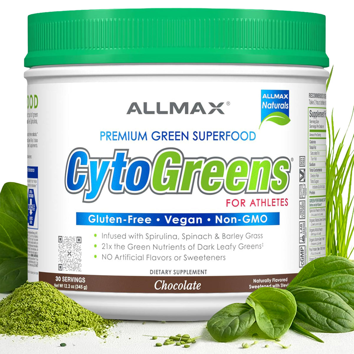 ALLMAX CytoGreens Poudre de Super Greens Chocolat 490g vue de face