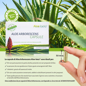 Aloe-beta Aloe Arborescens capsules avec une main tenant une capsule