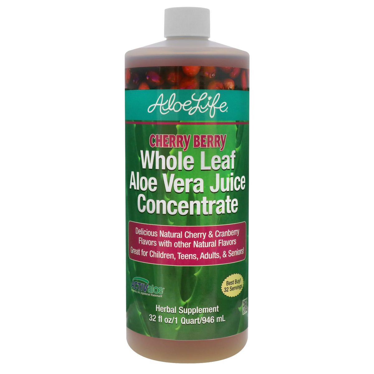 Aloe Life Jus d'Aloe Vera Entier Bio 946ml Saveur Cerise Baie vue de face
