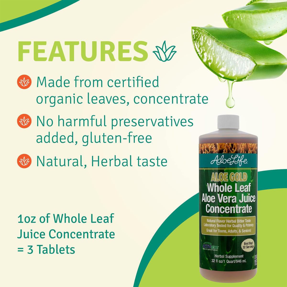 Aloe Life Jus d'Aloe Vera Entier Bio sur une table