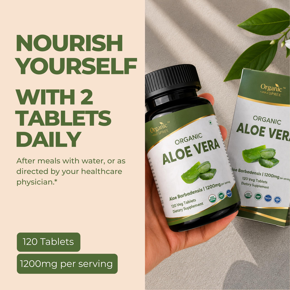 Aloe Vera ORGANIC SPREE comprimés sur une surface en bois