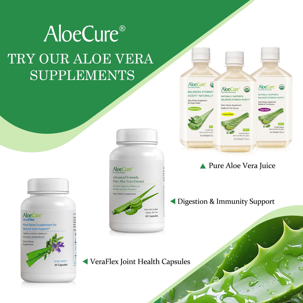 AloeCure Aloe Vera capsules en gros plan sur une table