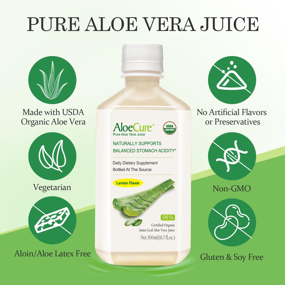 AloeCure Jus d'Aloe Vera Bio Citron 500ml avec verre