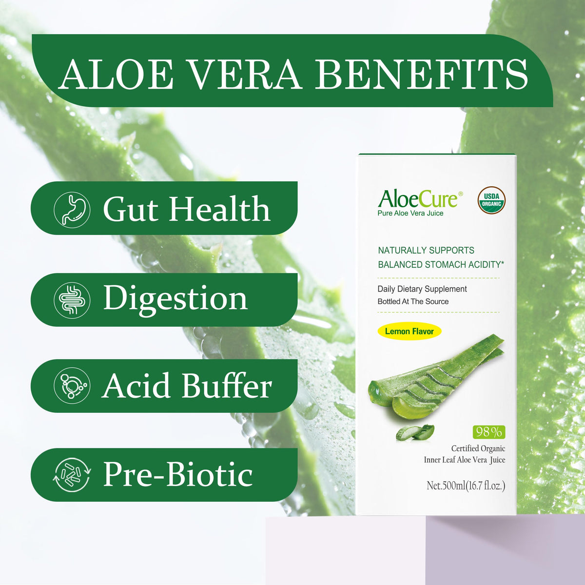 AloeCure Jus d'Aloe Vera Bio Citron 500ml étiquette