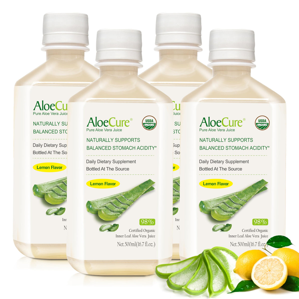 AloeCure Jus d'Aloe Vera Bio Saveur Citron 500ml bouteille avant