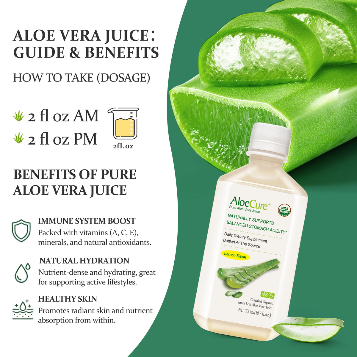 AloeCure Jus d'Aloe Vera Bio Saveur Citron en milieu naturel