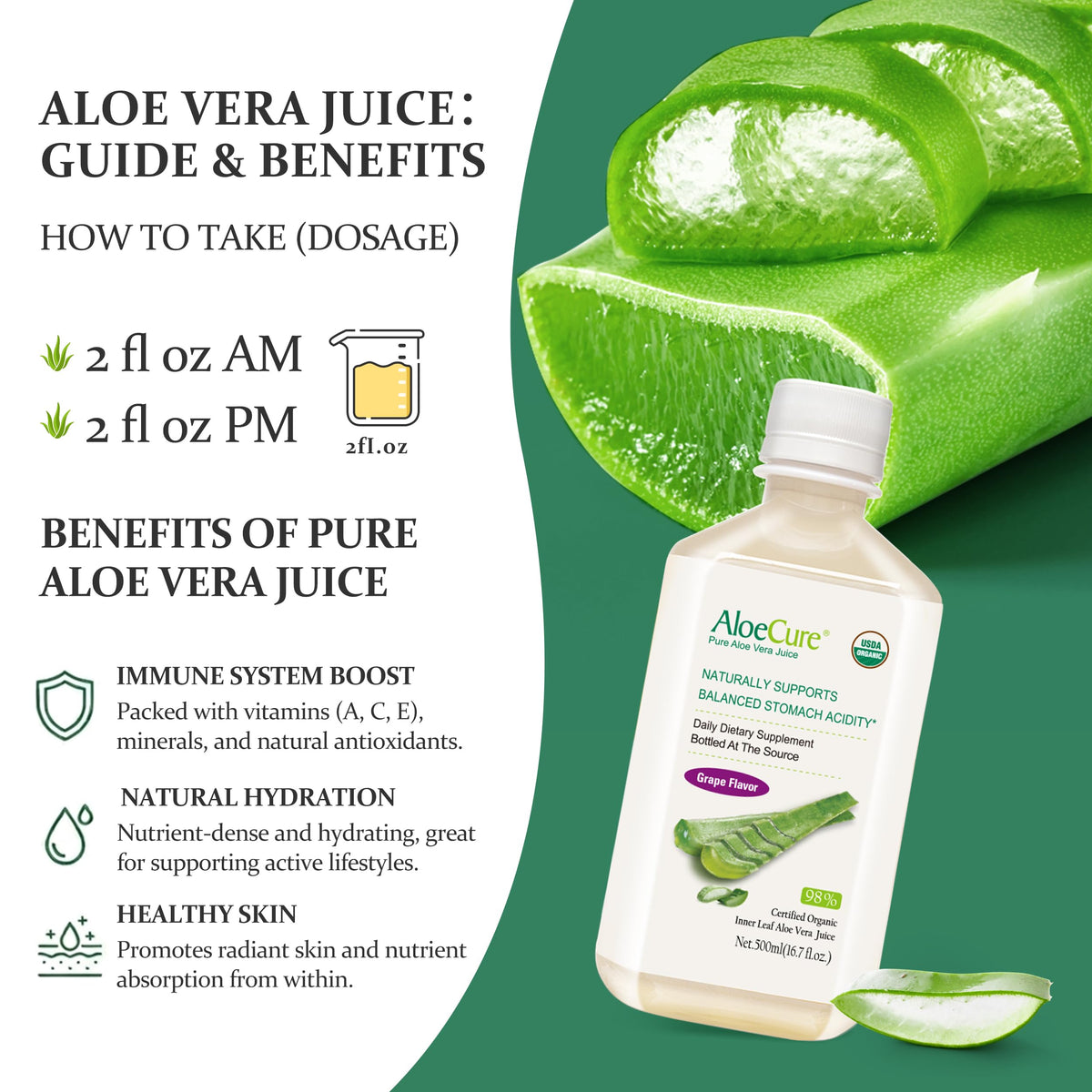 AloeCure Jus d'Aloe Vera Bio Saveur Raisin 16,7oz sur table