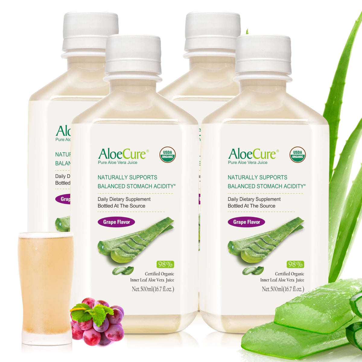 AloeCure Jus d'Aloe Vera Bio Saveur Raisin 500 ml bouteille avant