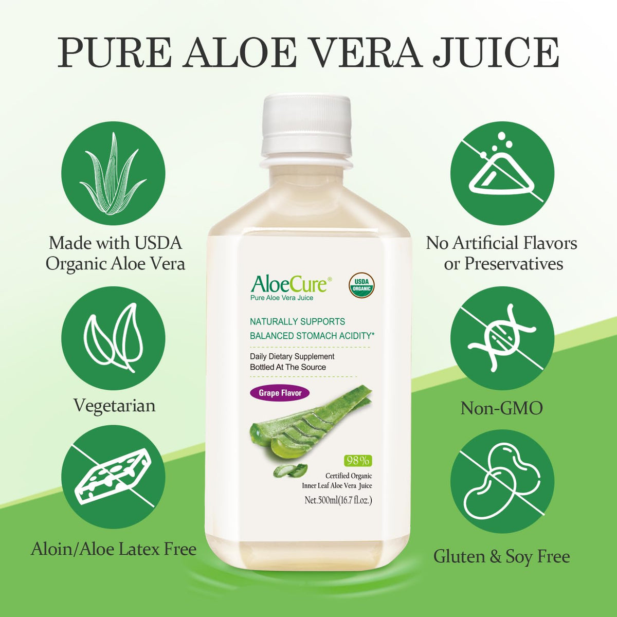 AloeCure Jus d'Aloe Vera Bio Saveur Raisin 500 ml bouteille côté