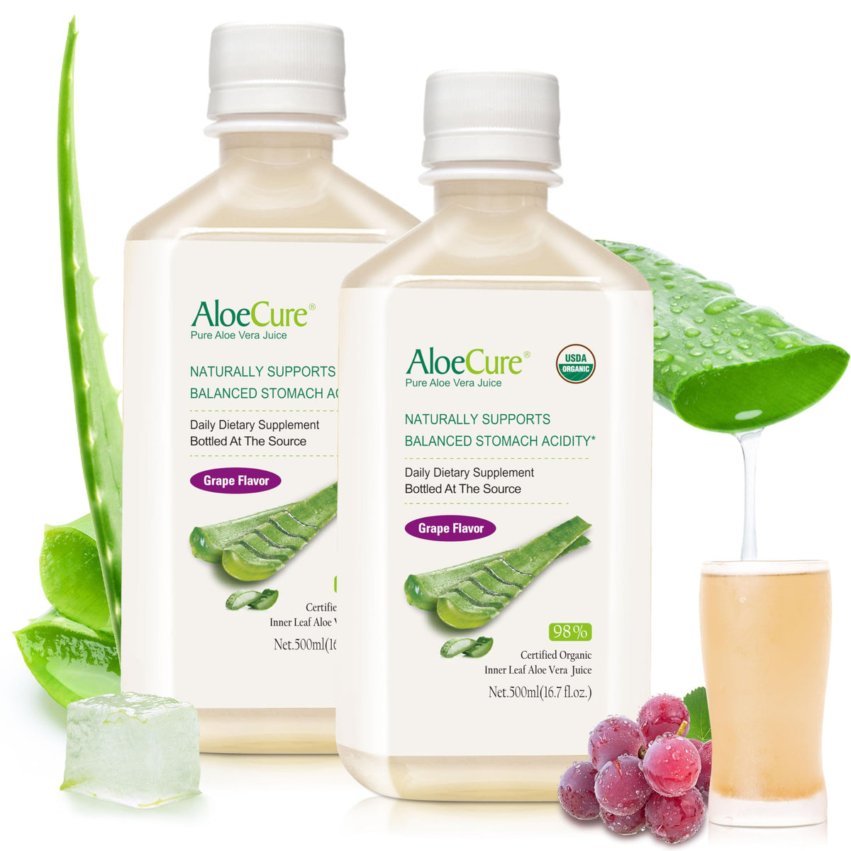 AloeCure Jus d'Aloe Vera Bio Saveur Raisin 500ml bouteille avant